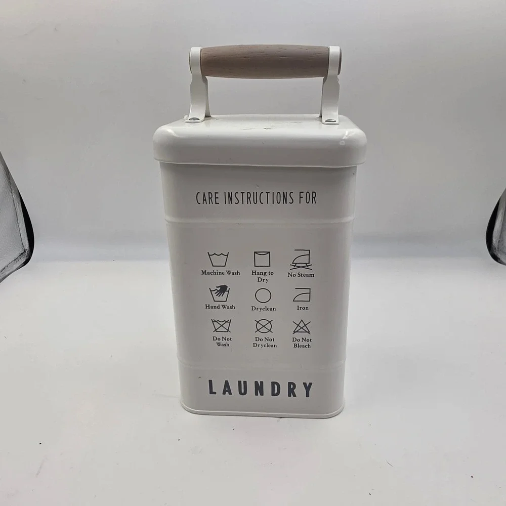 Farmhouse Metal Laundry Detergent Storage Tin Bin with Wood Handle Cream White